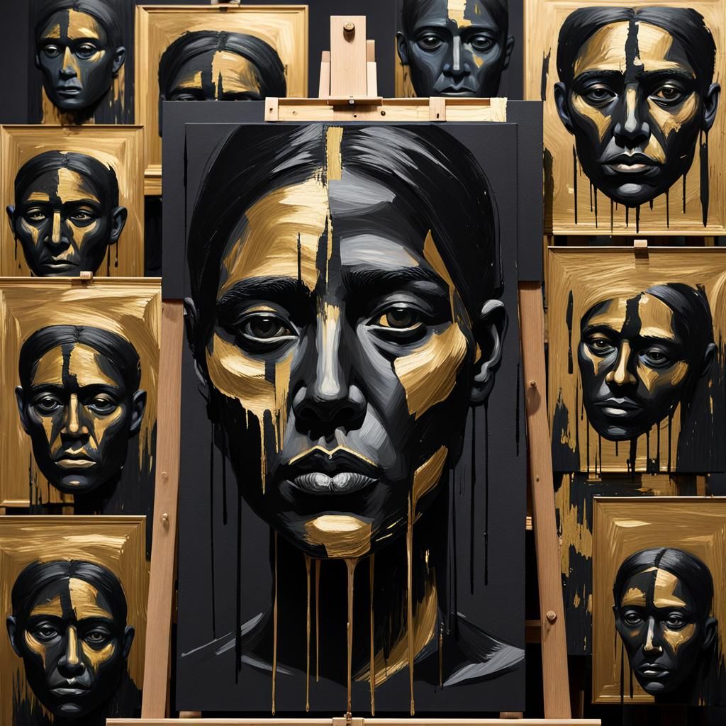Recursive Black and Gold Faces in Grunge Style