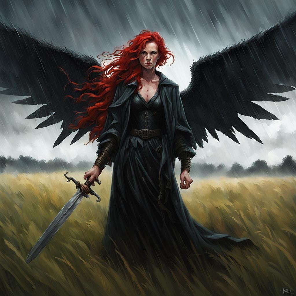 Red-Haired Winged Woman with Sword in Rain