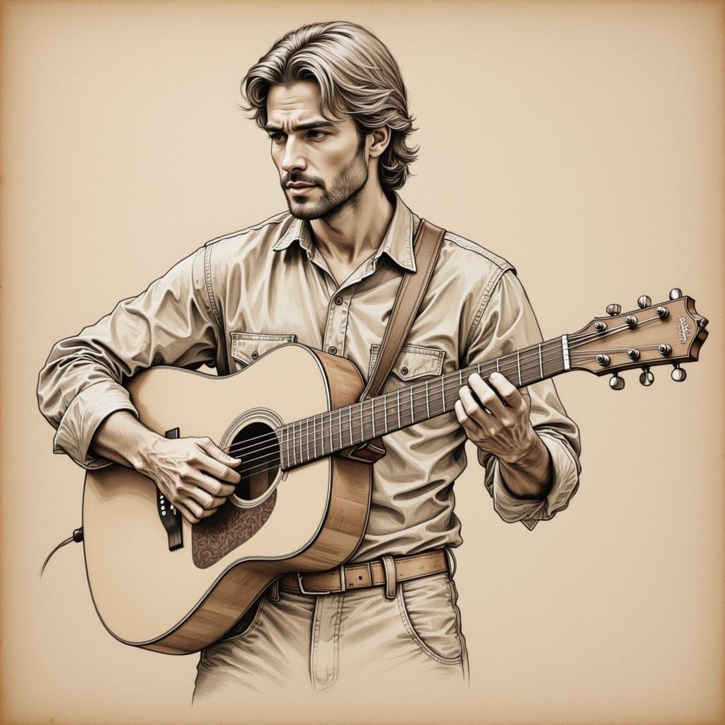 Parchment Sketch of Guitarist Playing on Street