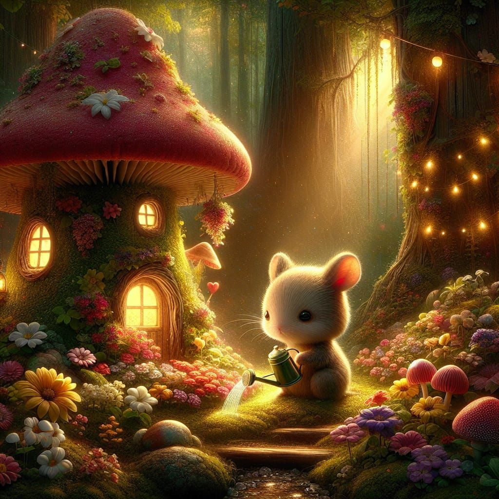 Charming Creature Waters Flowers in Forest, Digital Painting