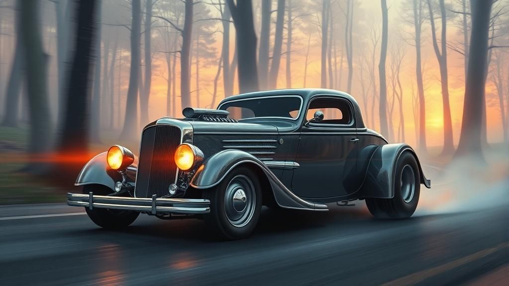Chrome Hot Rod in Dreamlike Forest, Oil Painting Style