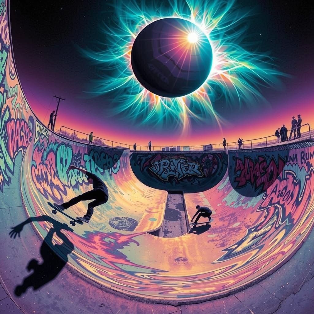 Skater Under Surreal Solar Eclipse in Desert Ditch