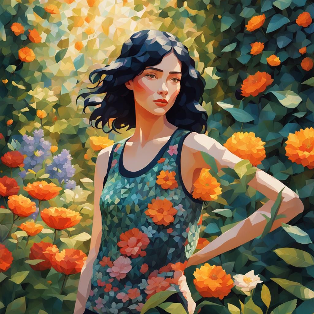 Woman in Garden: Low-Poly Art Inspired by Klimt