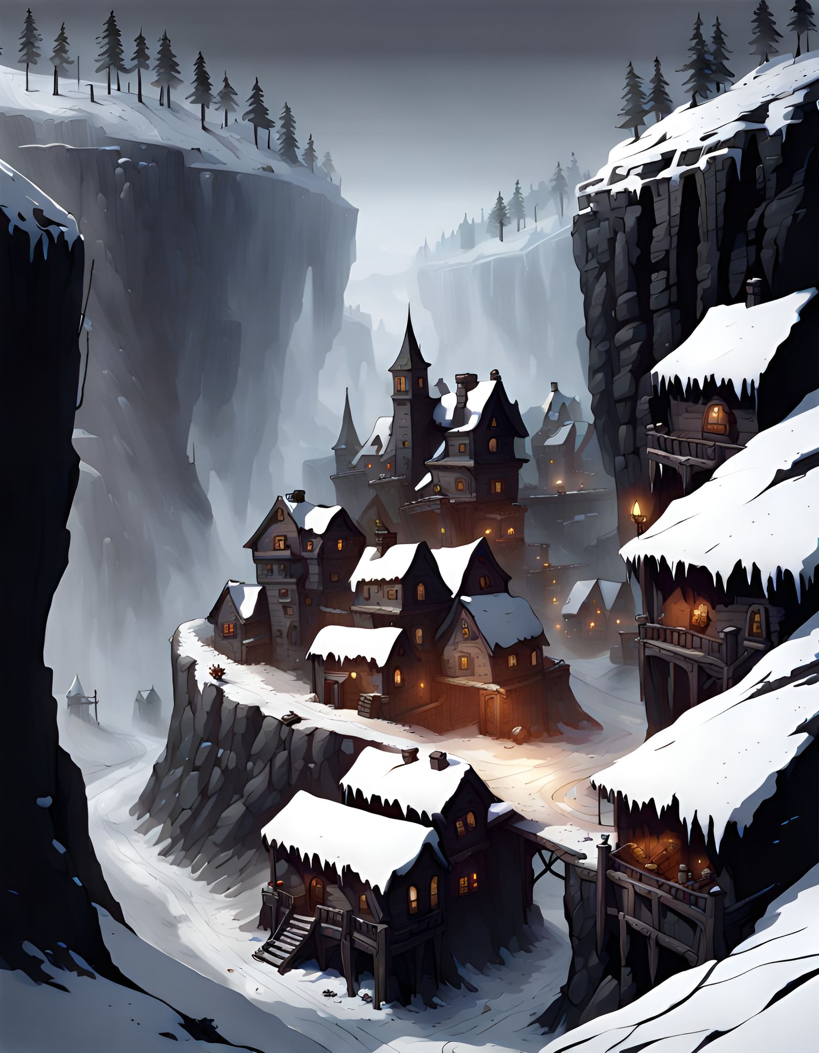 Grim Cliffside Fantasy Town Map in Winter