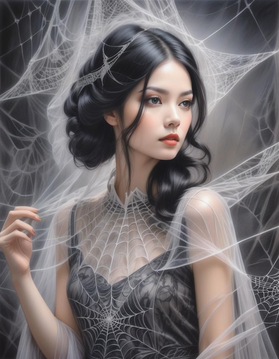 Ethereal Woman in Spider Webs: Gothic Charcoal Art