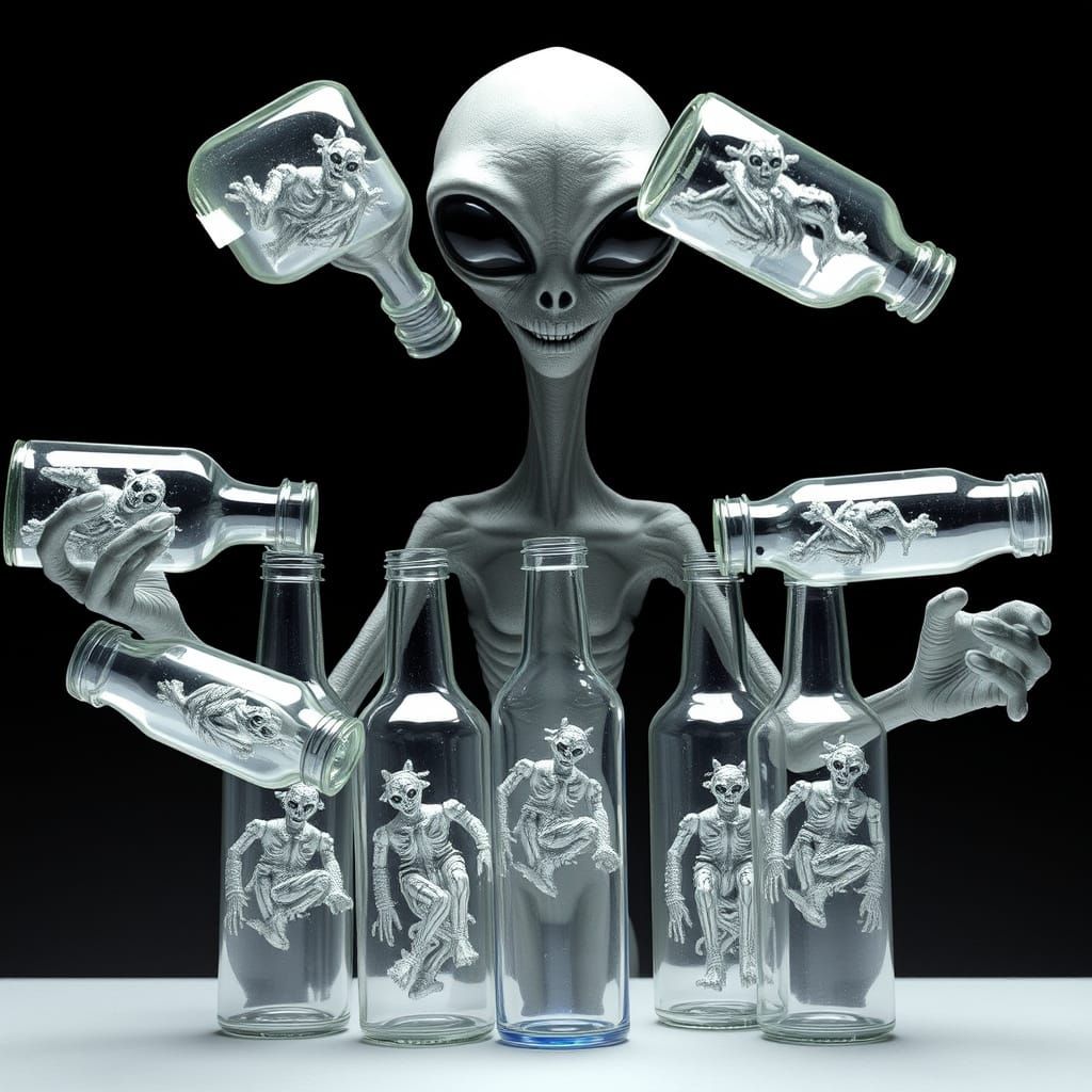 Grey Alien Juggling Infinite Bottles