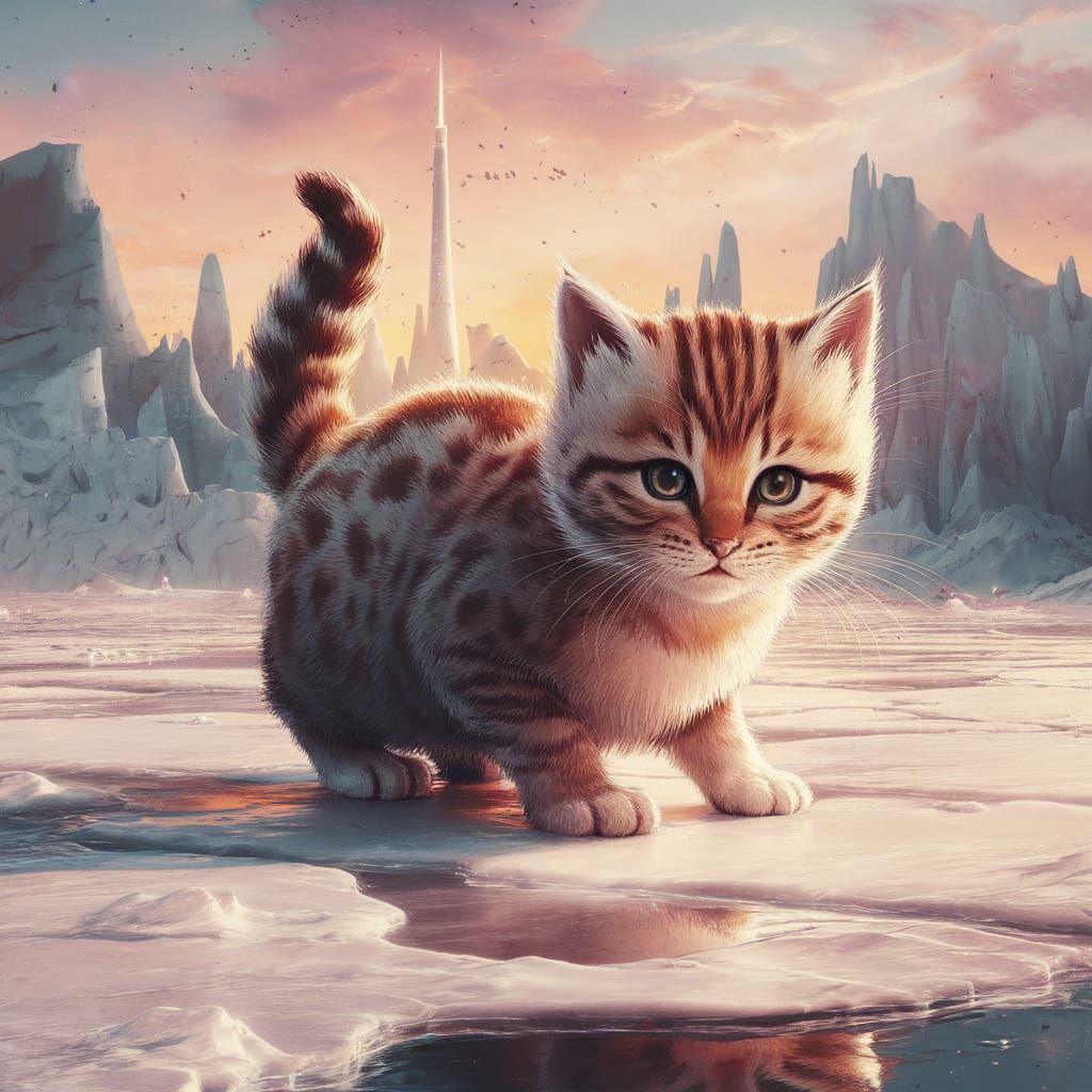 Kitten Slides on Ice at Dawn: Watercolor Concept Art