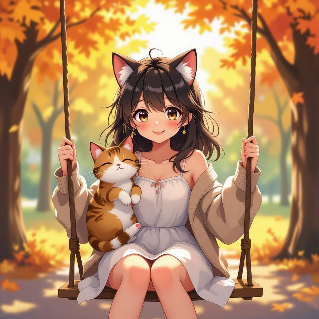 Anime Girl with Cat Ears Swinging in Park