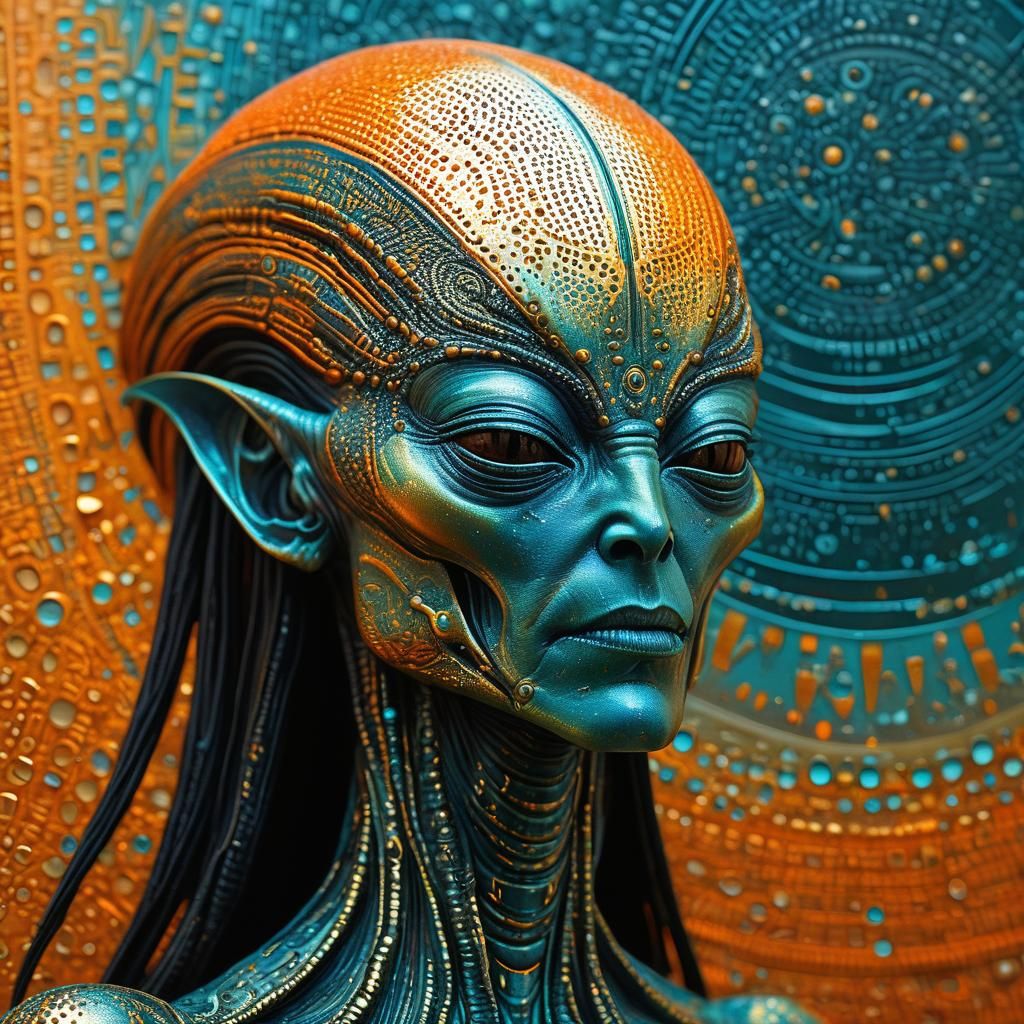 Luminous Alien Mage in Tribalcore Pointillism Style