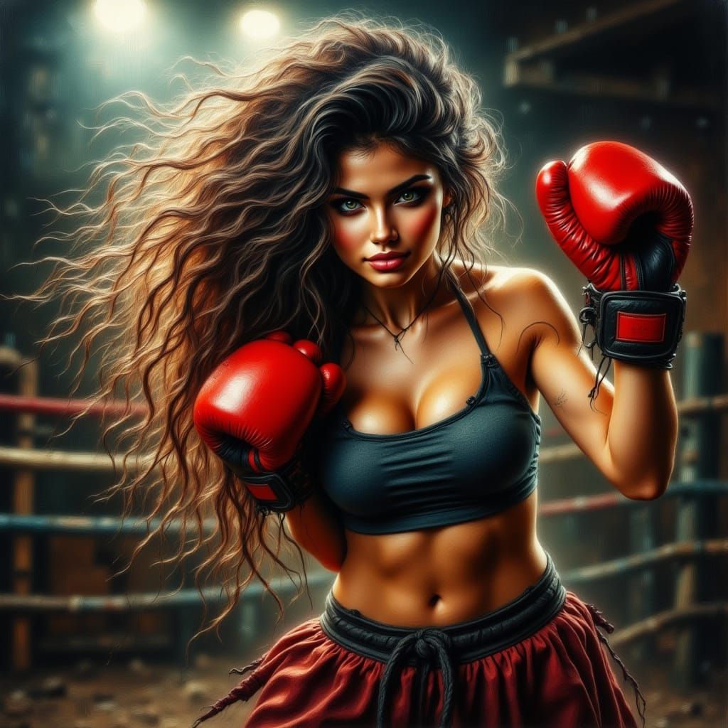 Female Boxer Delivering Punch in Gritty Gym