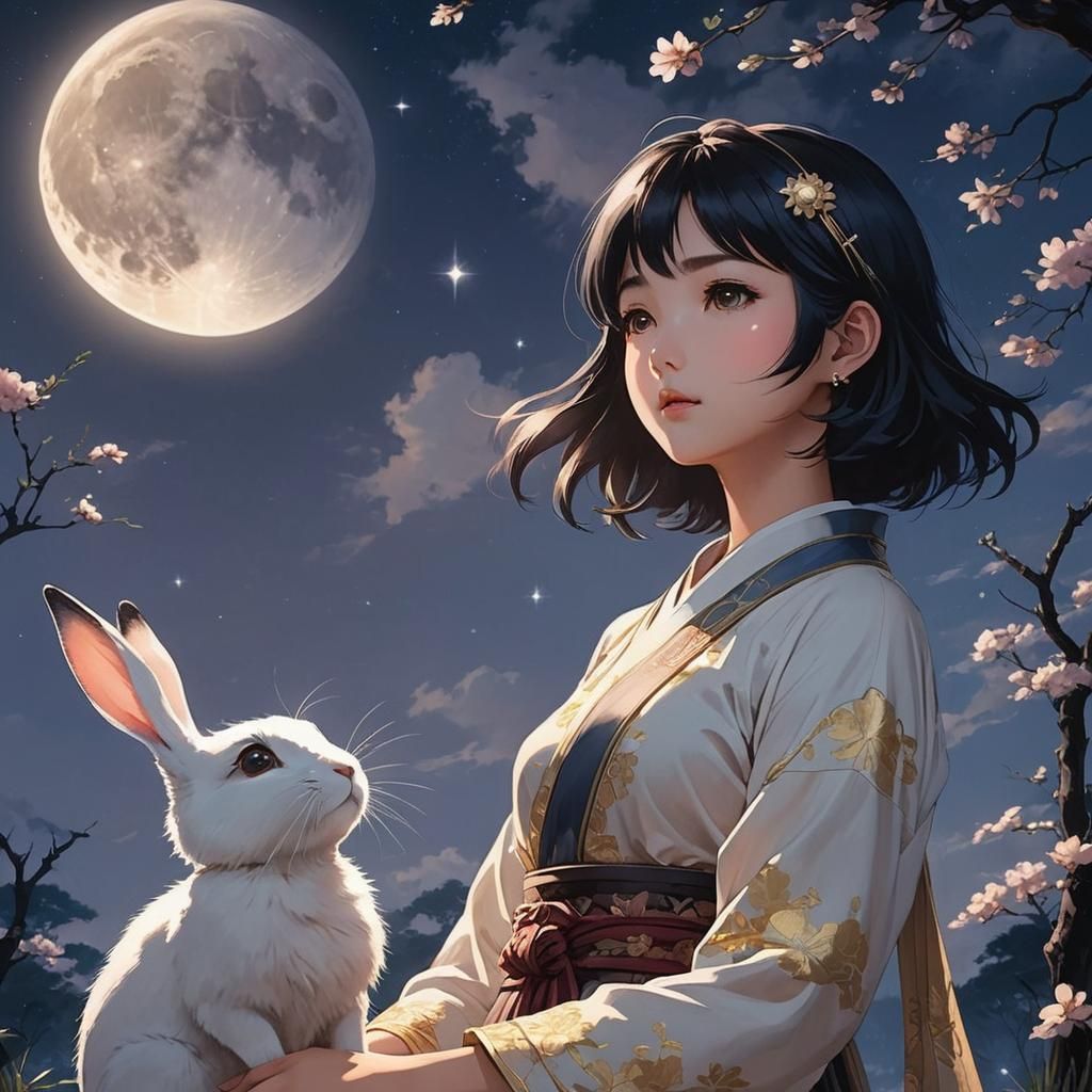 Thai Girl Gazing at Moon in Manga Style