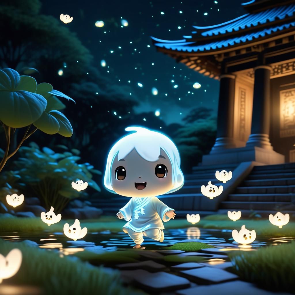 Chibi Ghost Boy in Temple Garden at Night