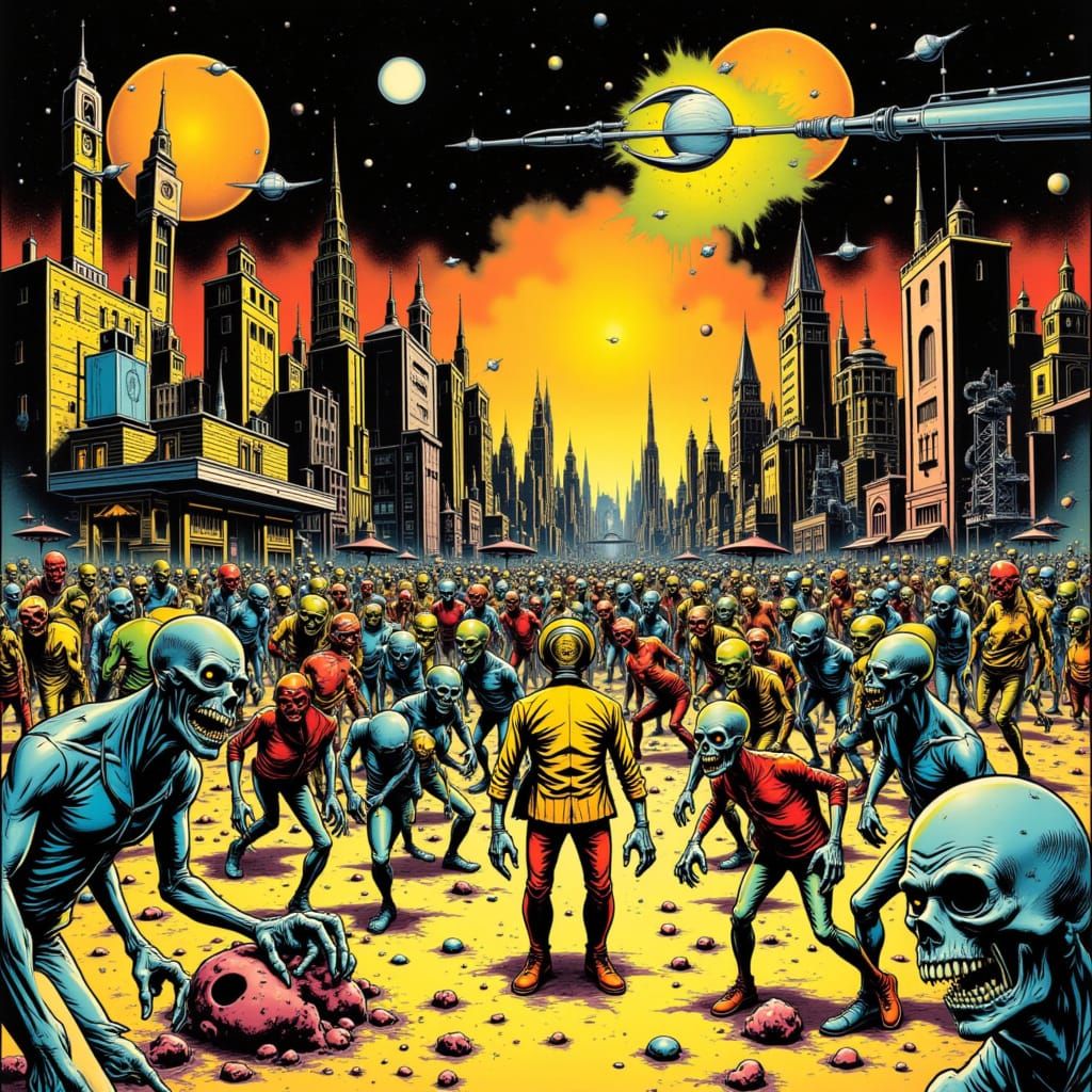 Cartoon Zombie Apocalypse in EC Comic Surrealist Style