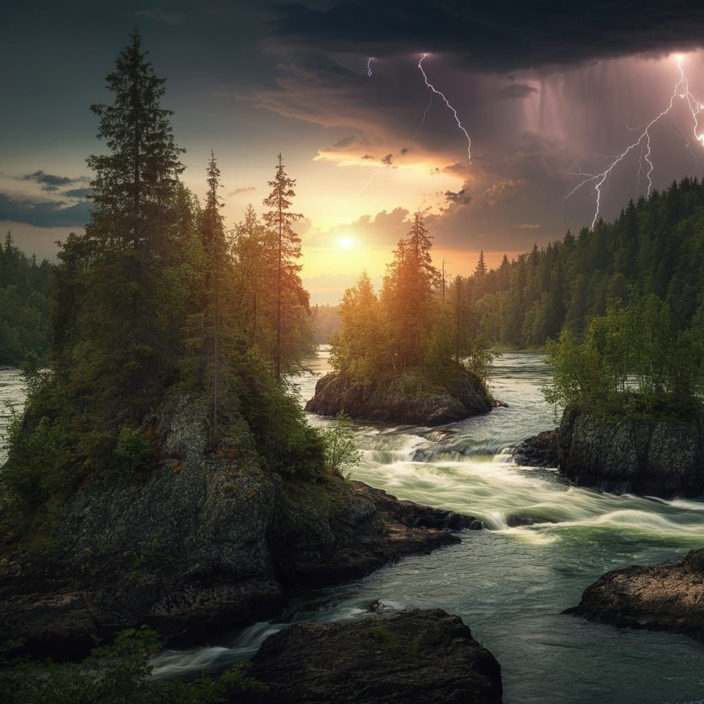 Islands Amidst a Turbulent Sunset Storm