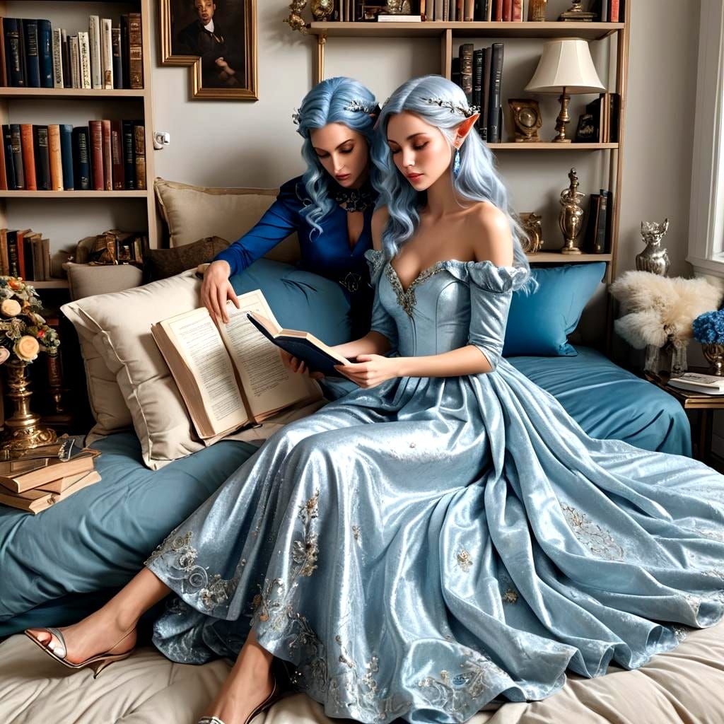 Blue Elf Reading in Enchanted Bedroom
