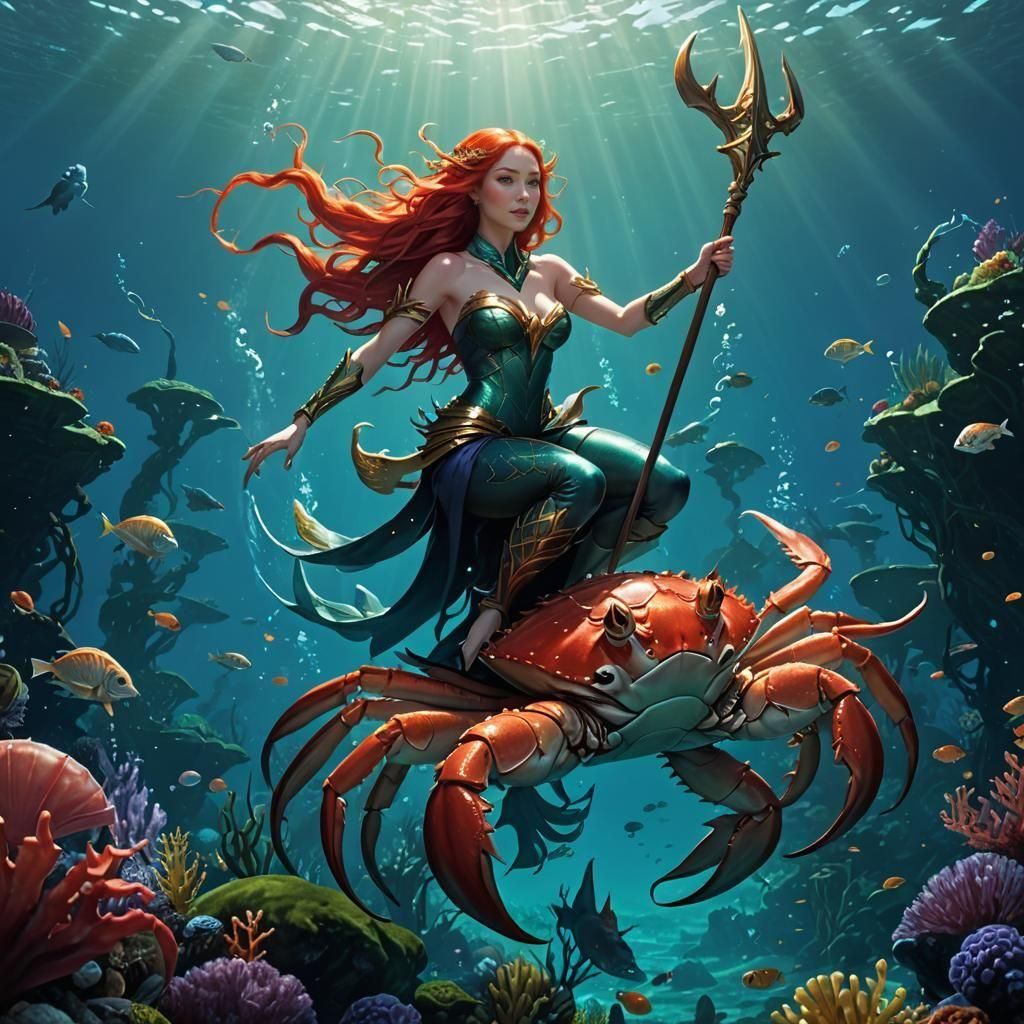 Red-Haired Meerfolk Woman Riding Giant Crab