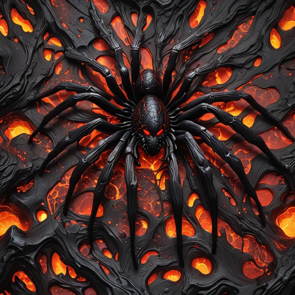 Black Spider Weaving Lava Strands in Volcanic Chamber