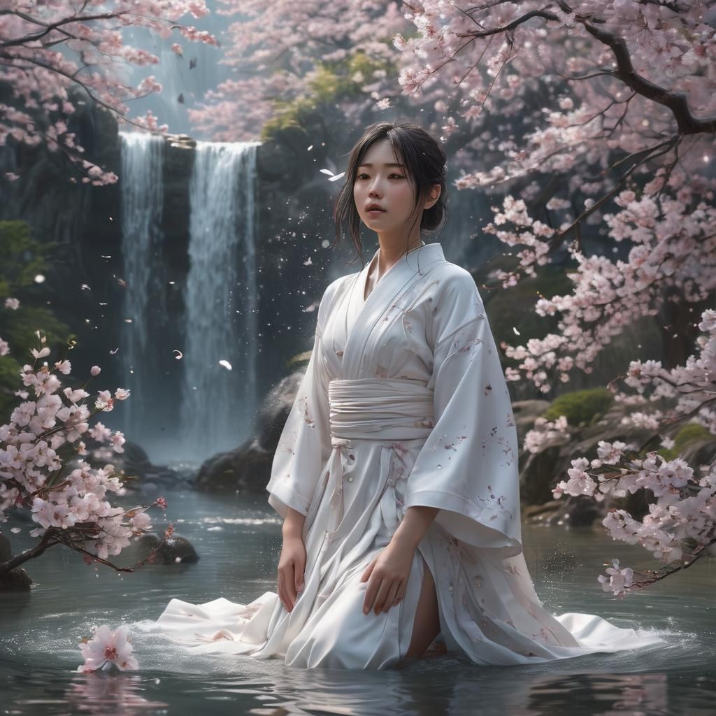 Sad Girl in Cherry Blossom Field, Digital Art