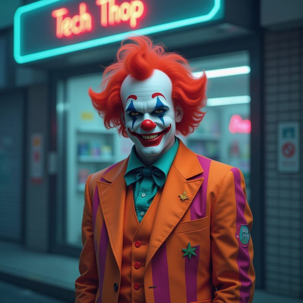 Creepy Clown Grinning in Neon-Lit Neo Tokyo