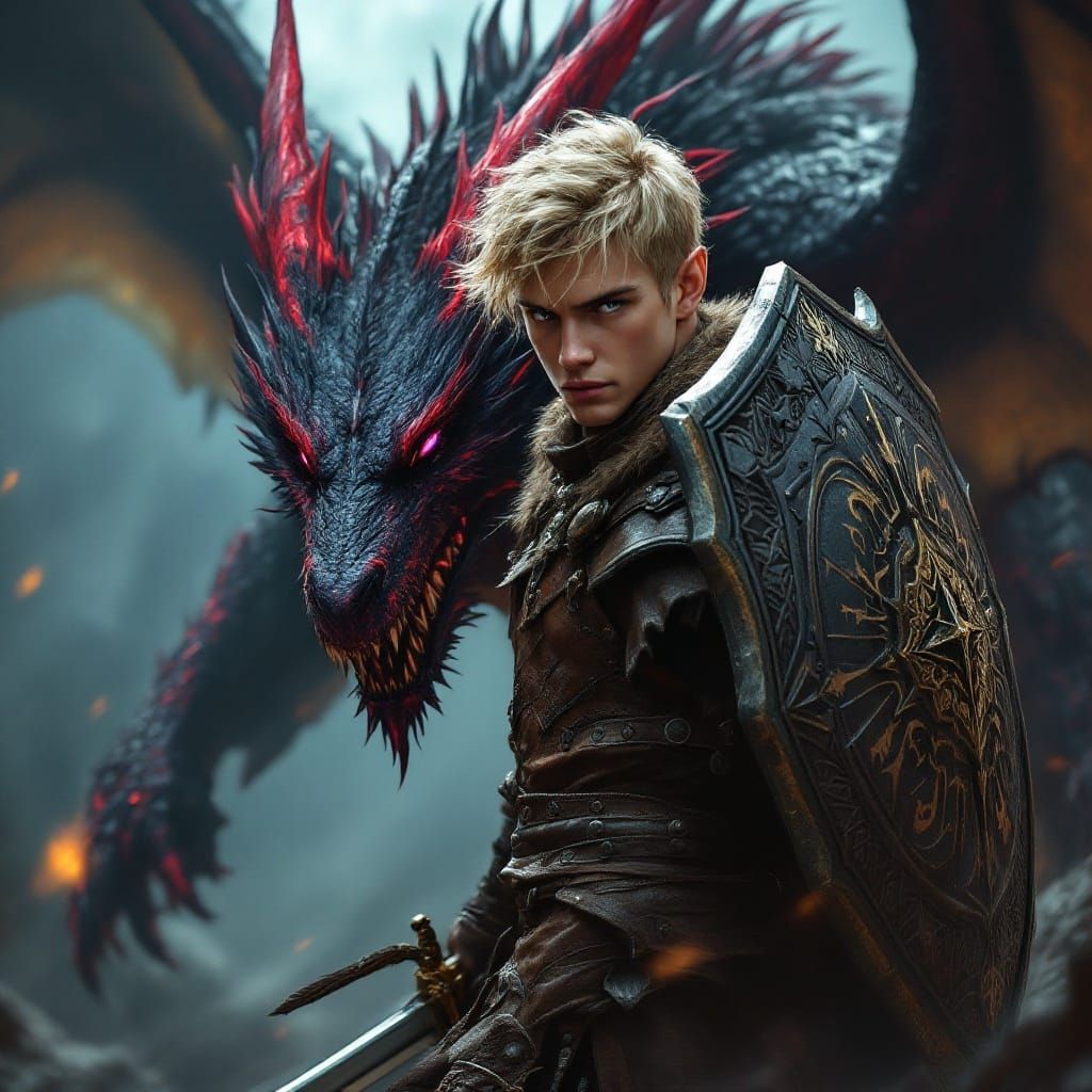 Elegant Warrior in Dark Fantasy Armor, with Dragon and Sword