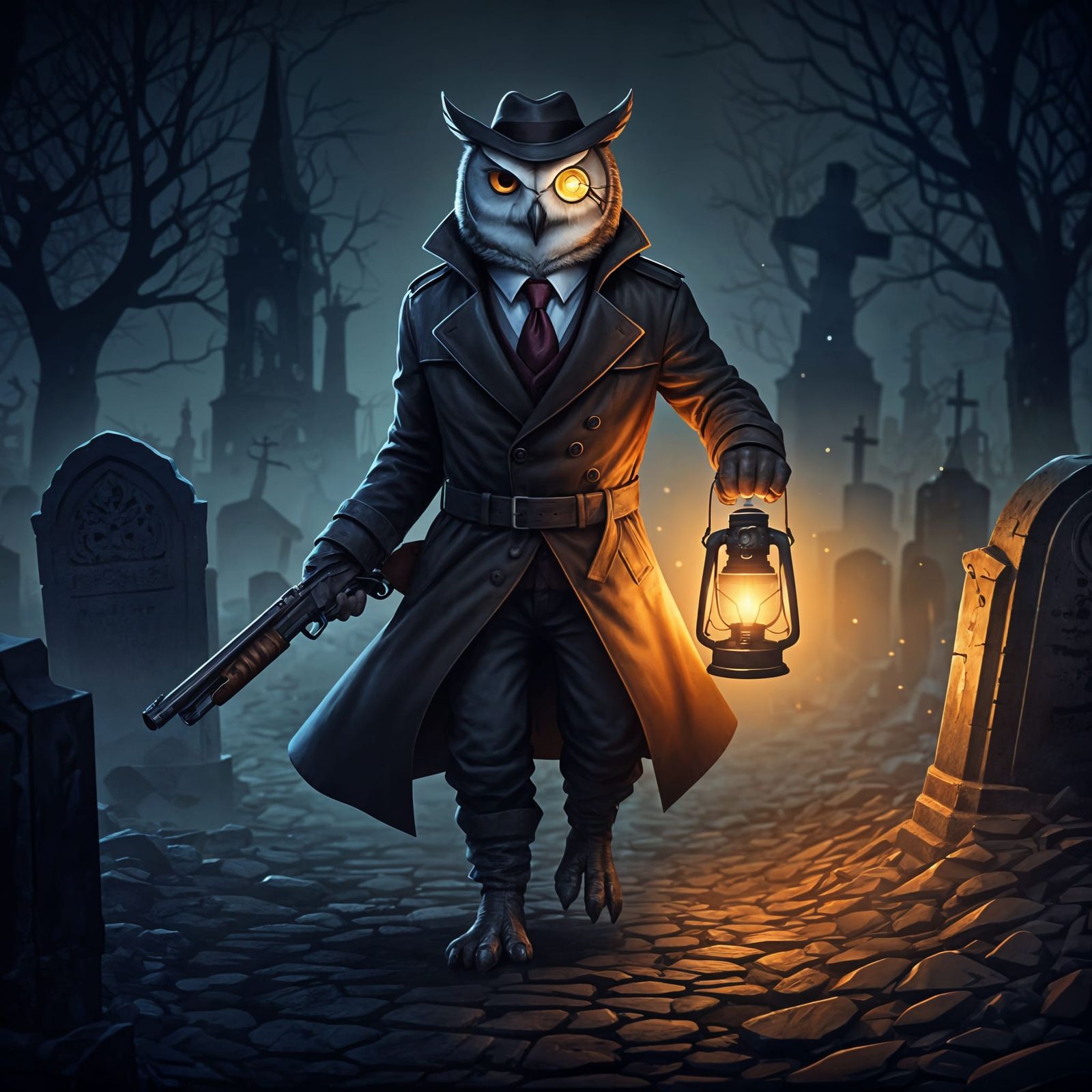Hardboiled Owl Detective Stalks Haunted Graveyard