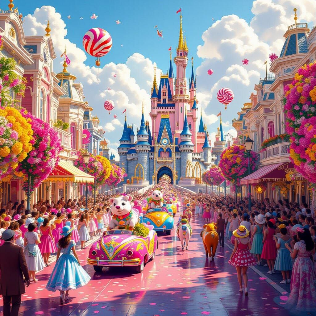 Vibrant Flower Parade in Candy-Inspired Setting