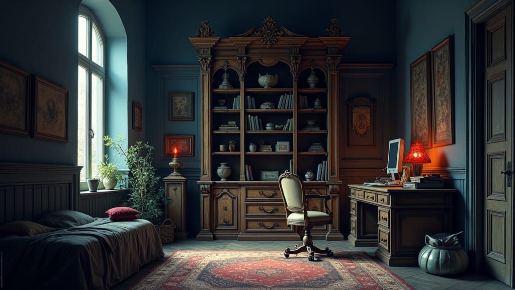 Ornate Wooden Cabinet in Vast Blue Room