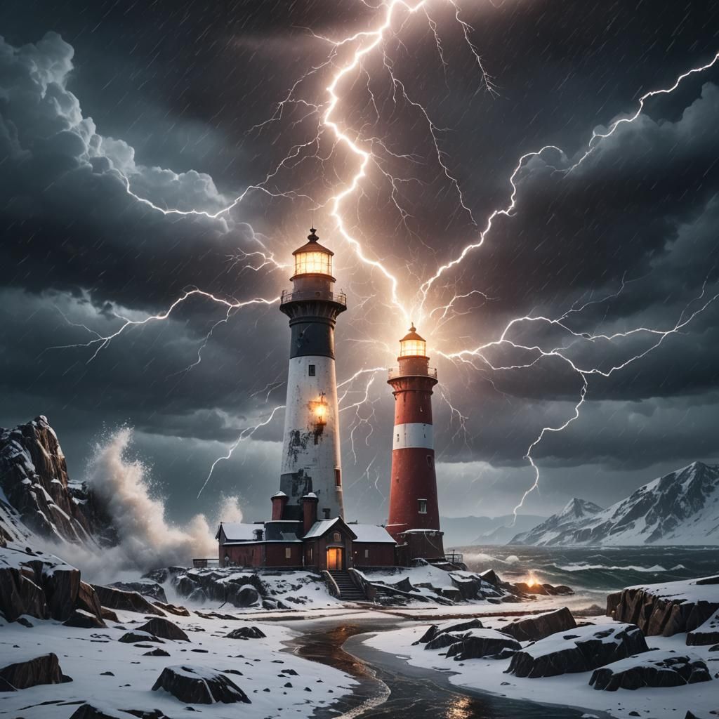 Snowy Lighthouse Under Lightning Strike: Fantasy Concept Art