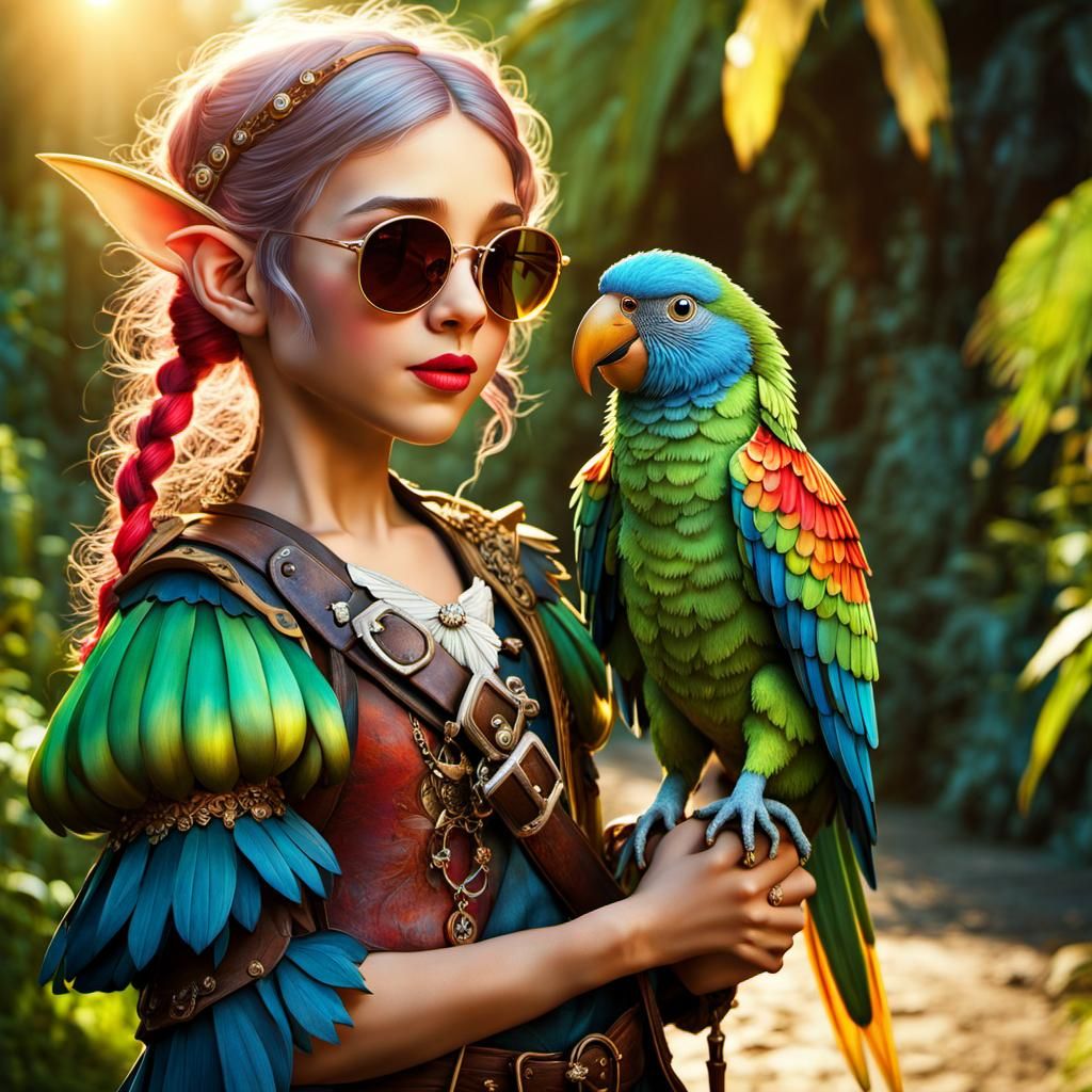 Elven Pirate Fairy Hugging Parrot Creature
