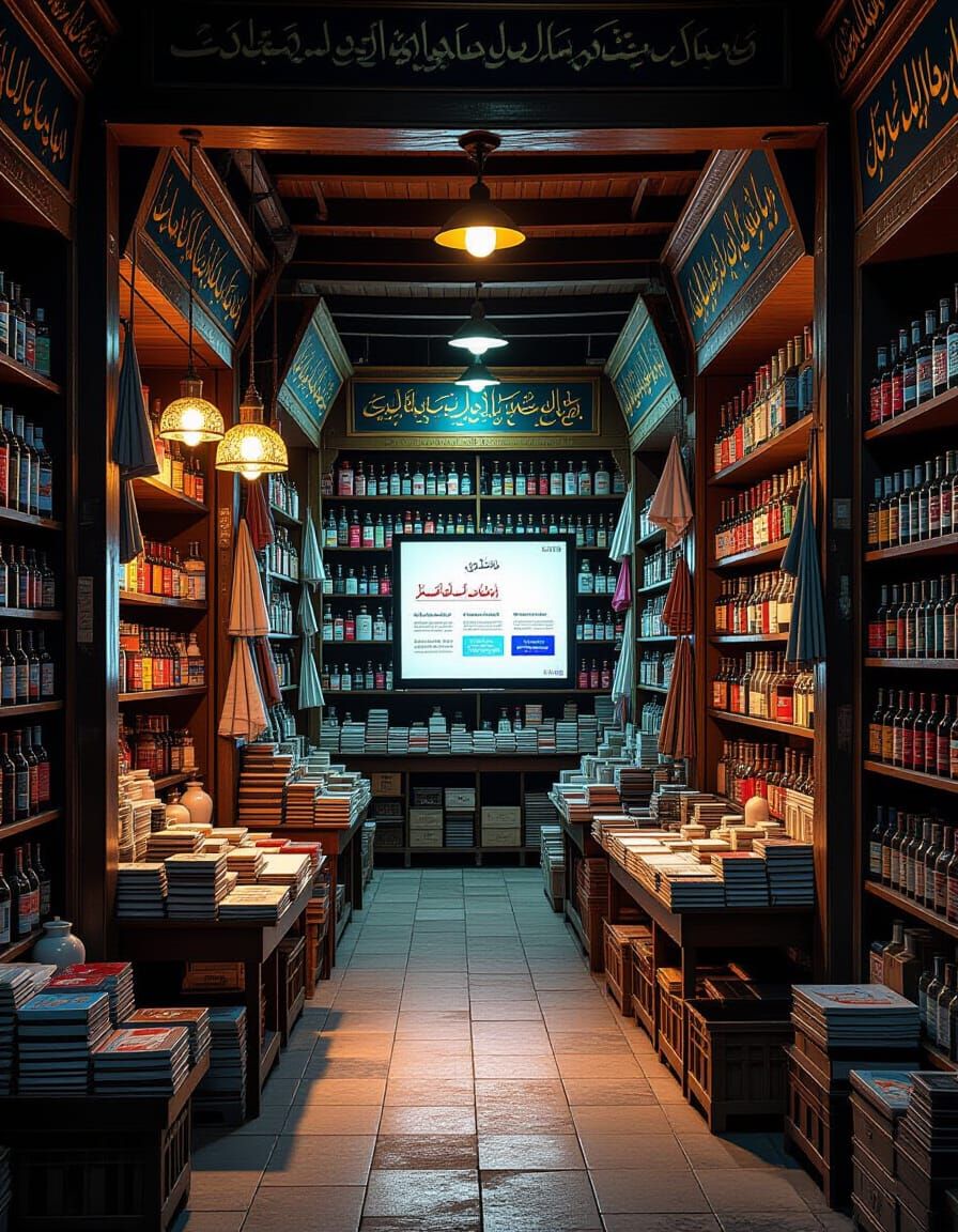 Traditional Bazaar Contrasted with Modern Digital Interface