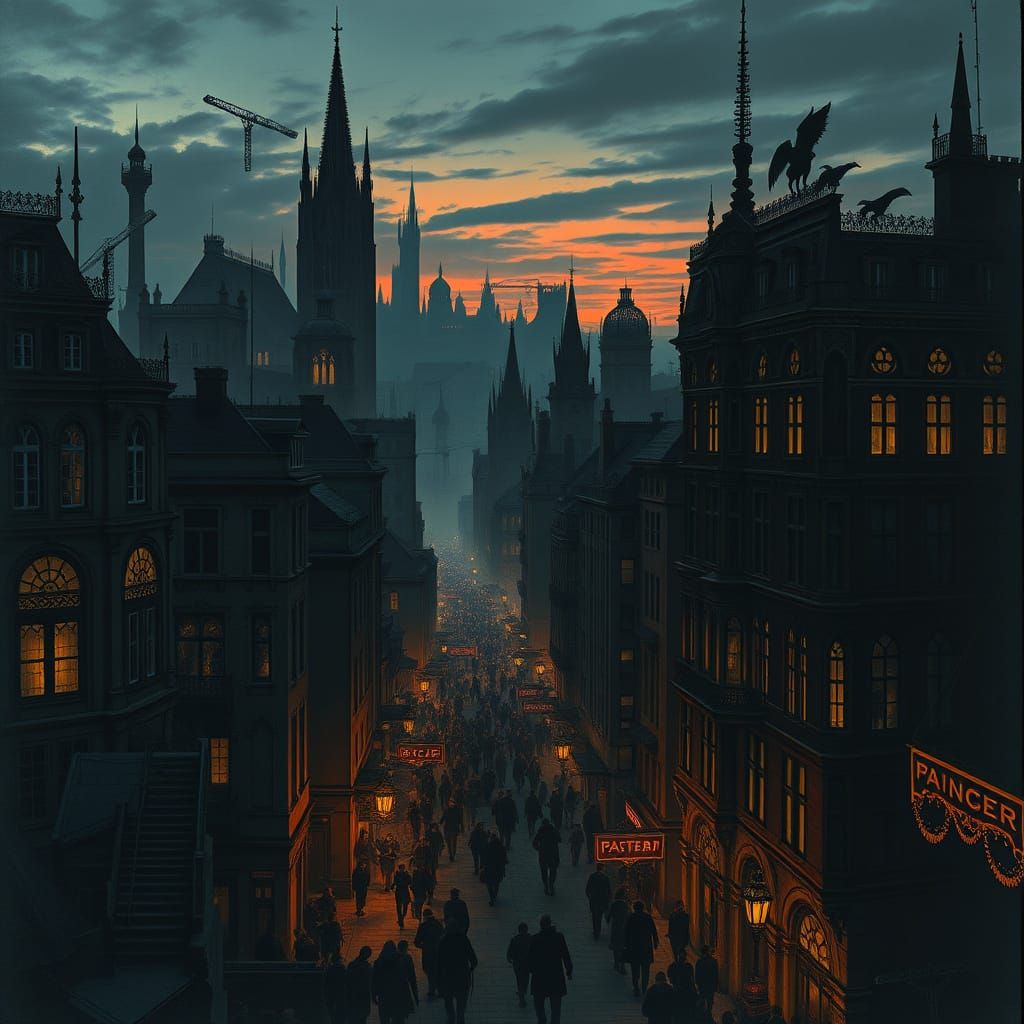 Gothic Cityscape at Dusk: Supernatural Beings in Shadows