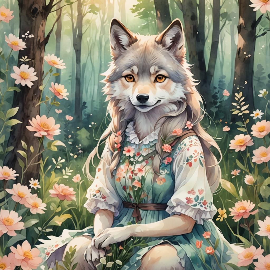 Anime Wolf Girl in Forest: Watercolor Illustration