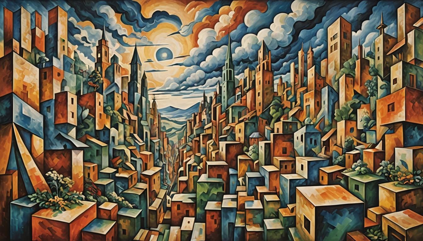 Turbulent Cubist Landscape with Geometric Shapes