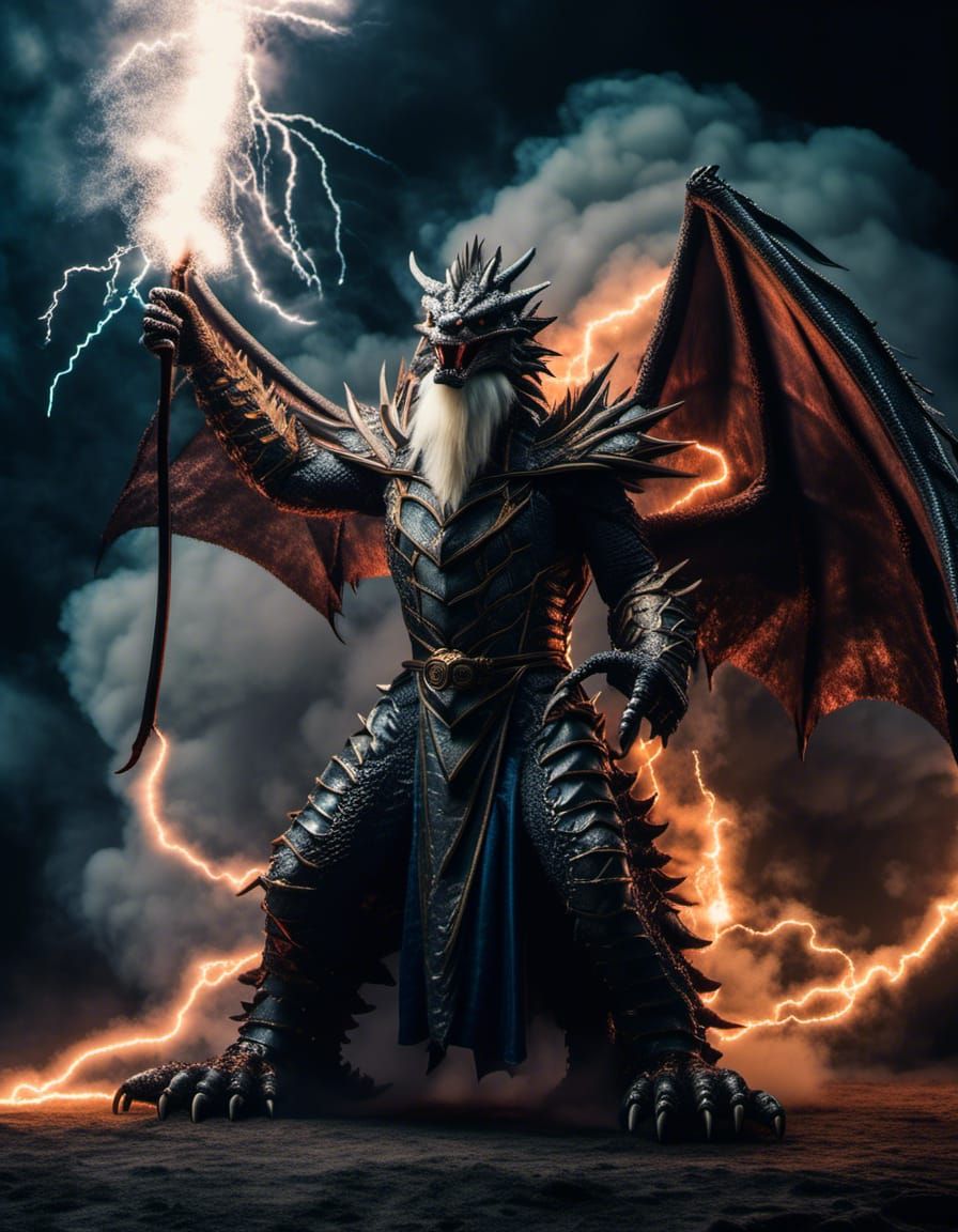 Dragon Wizard Portrait with Lightning in Darkness