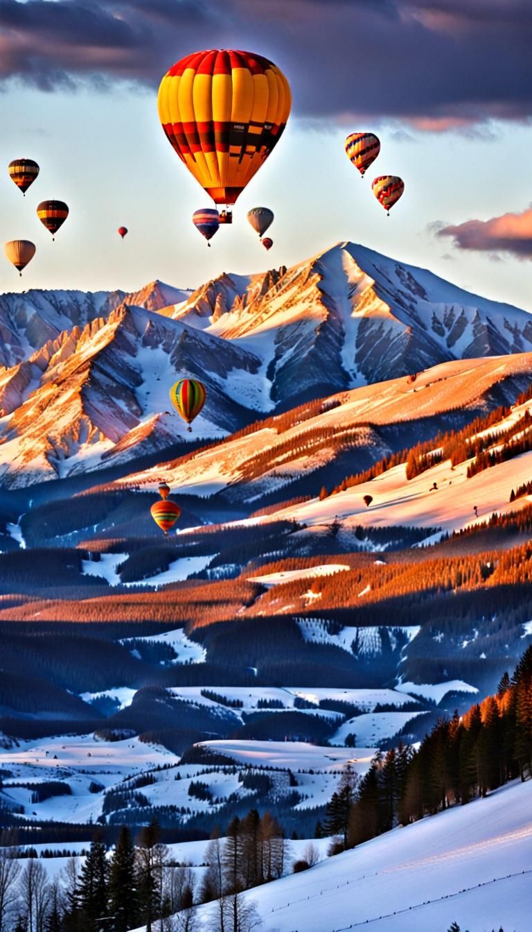 Colorful Hot Air Balloons at Snowy Mountain Sunset