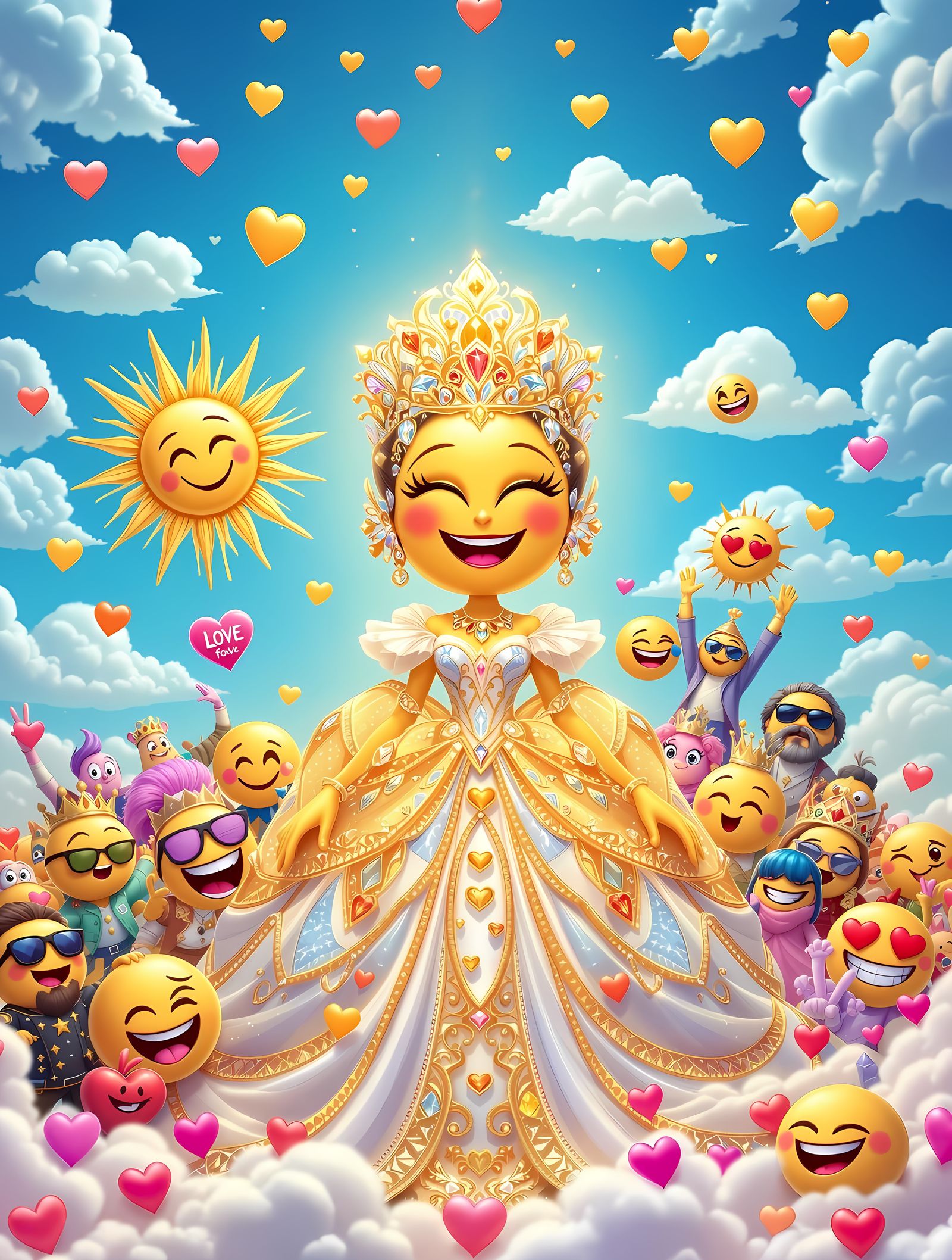 Whimsical Emoji Queen Reigns in a Radiant, Dreamy Realm