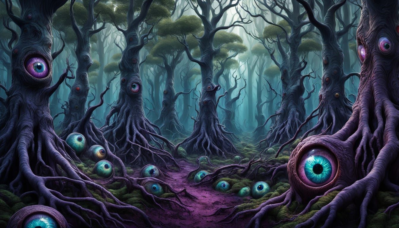Surreal Forest of Eyeballs in Eerie, Detailed Landscape