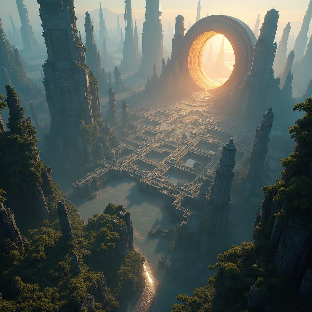 Cyberpunk Labyrinthine Metropolis with Glowing Portal