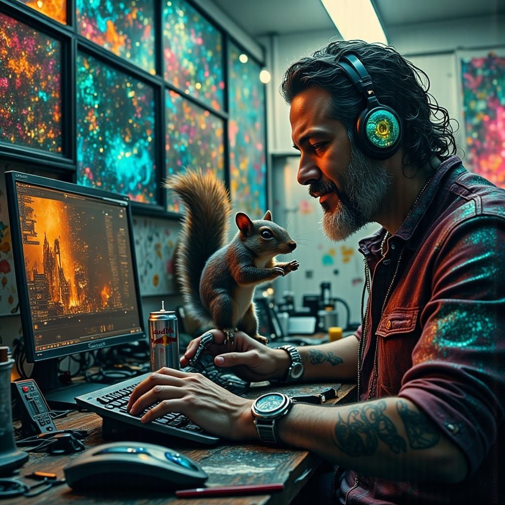 Cyberpunk Engineer with Squirrel in Stained Glass Style