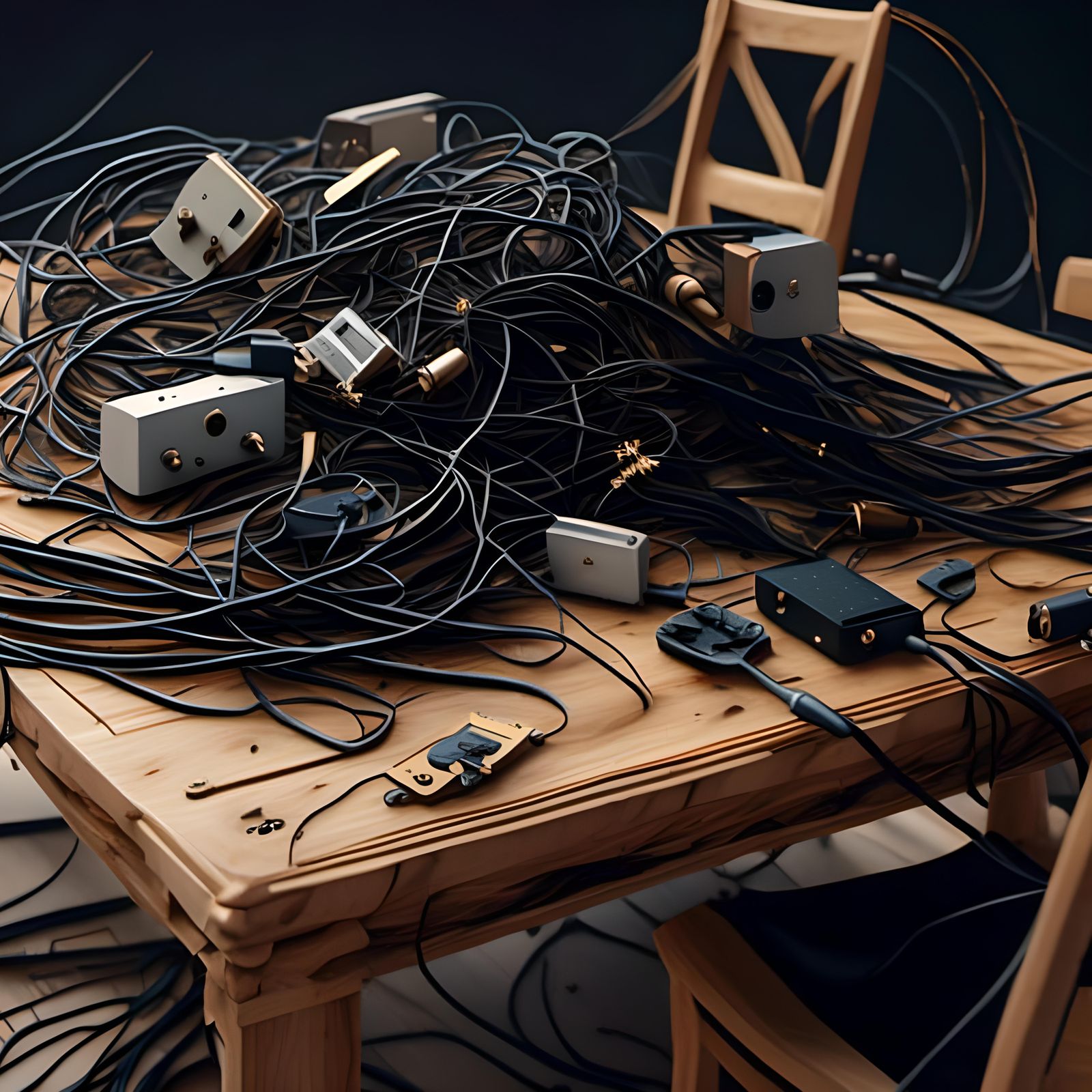 Jumbled Black Cords Cover a Blond Wood Table