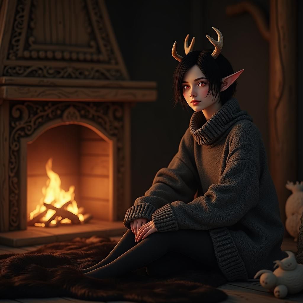 Elf with Antlers in Cozy Cabin, Fantasy Art