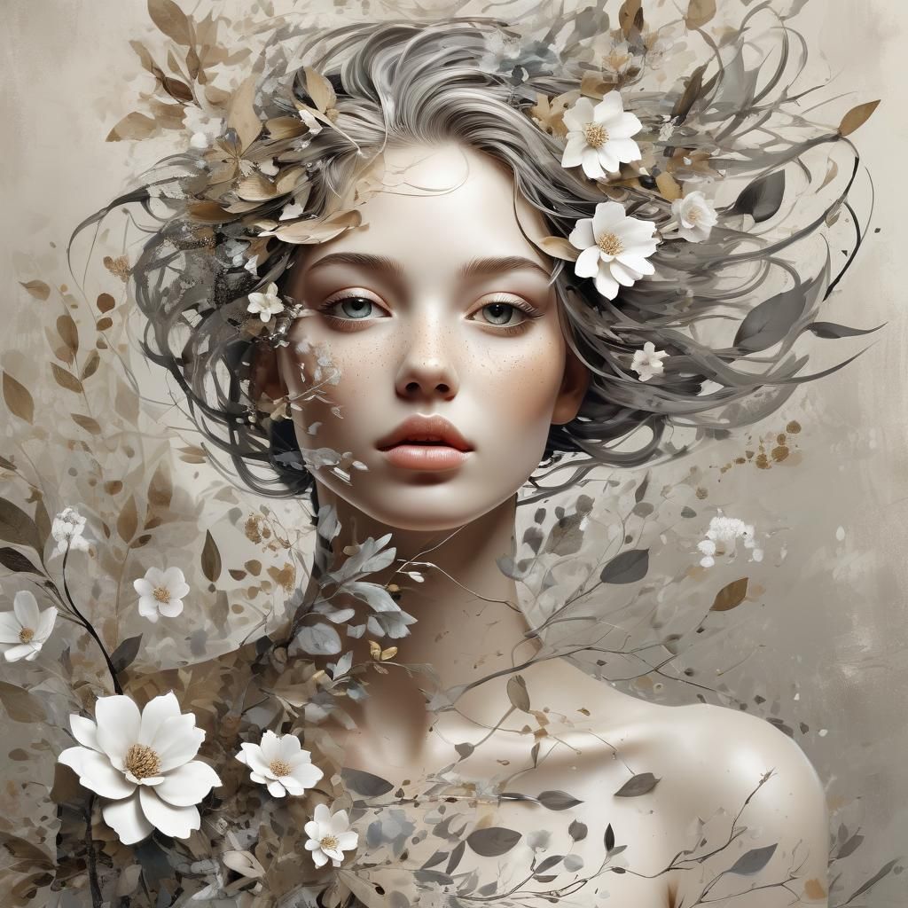 Surrealist Woman Surrounded by Flowers and Soft Light