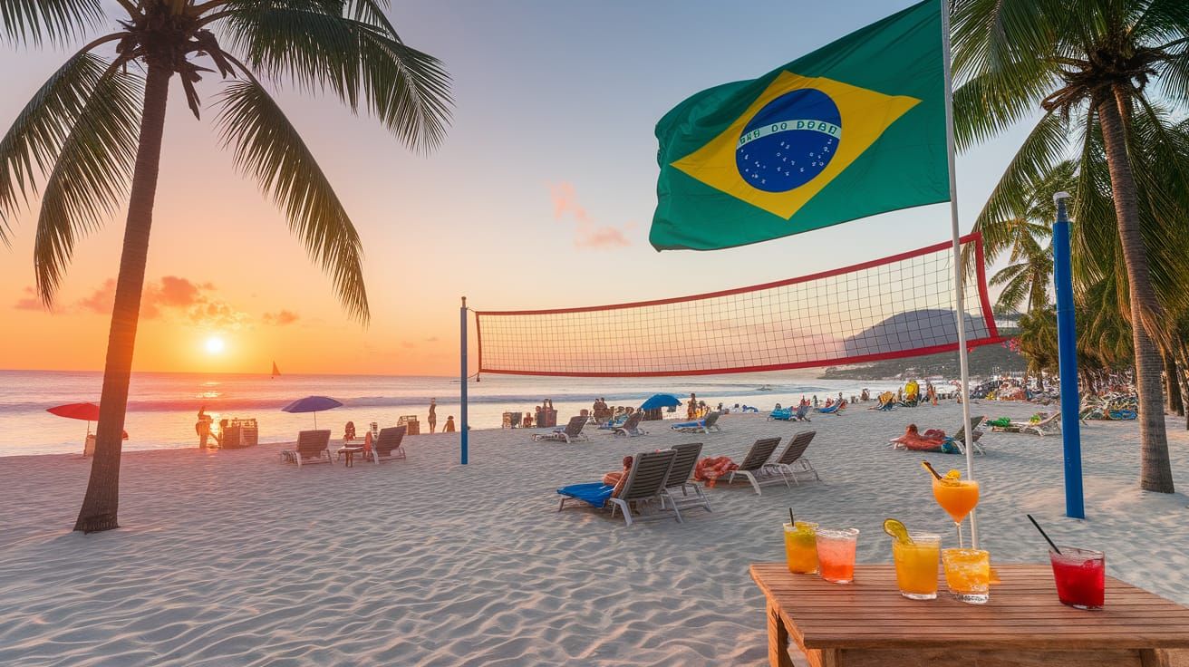 Brazilian Beach Scene with Flag and Sunset