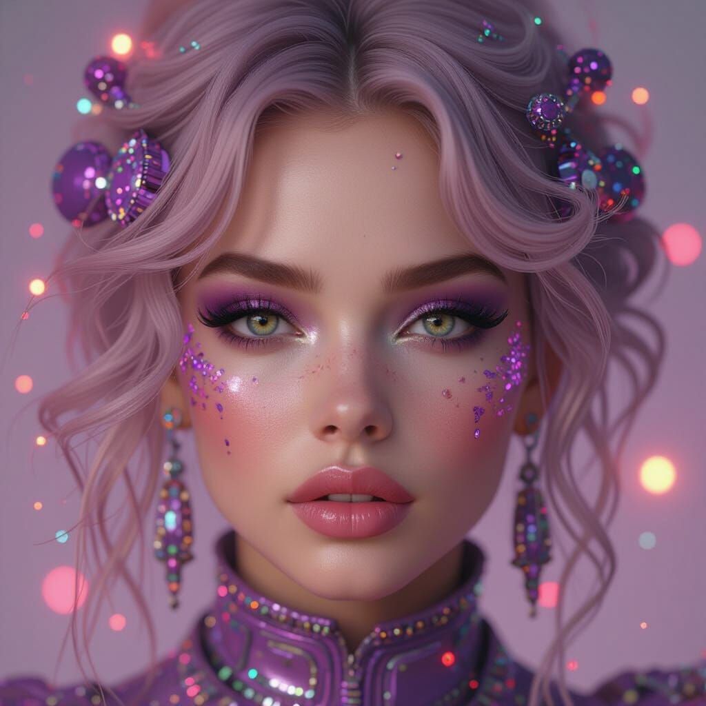 Woman in Future Fashion Against Cyber Galactic Backdrop