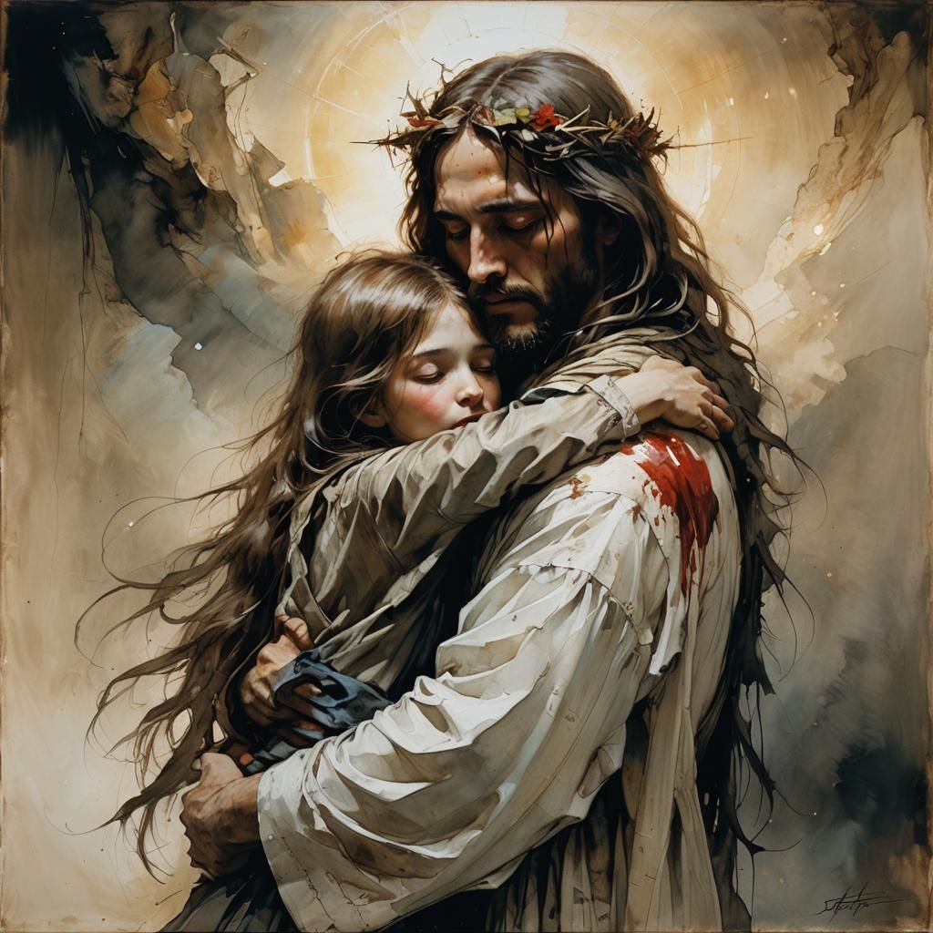 Jesus and Woman in Intimate Embrace, Illuminated by Golden L...