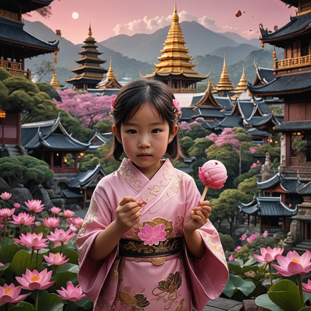 Japanese Girl with Lotus Ice Cream, Thai Backdrop