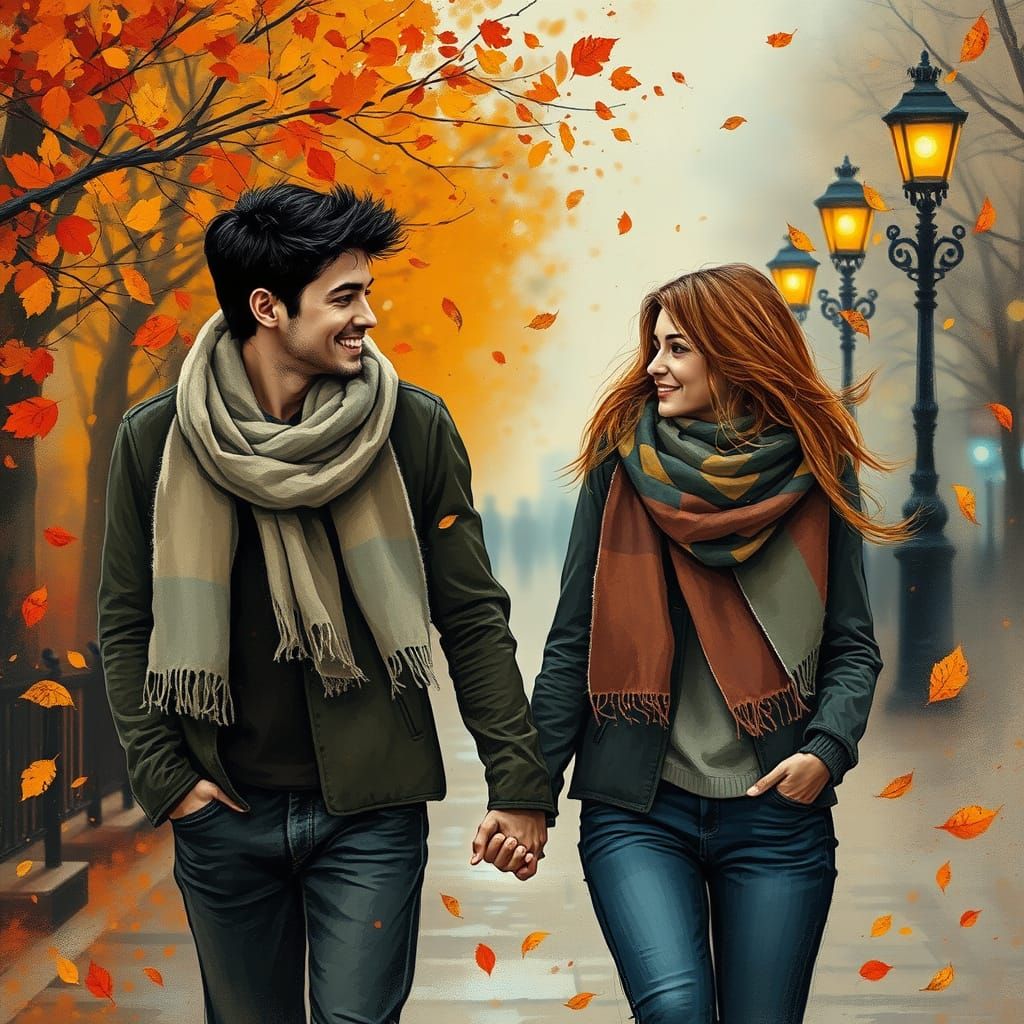Romantic Autumn Stroll: A Painterly Mixed-Media Scene