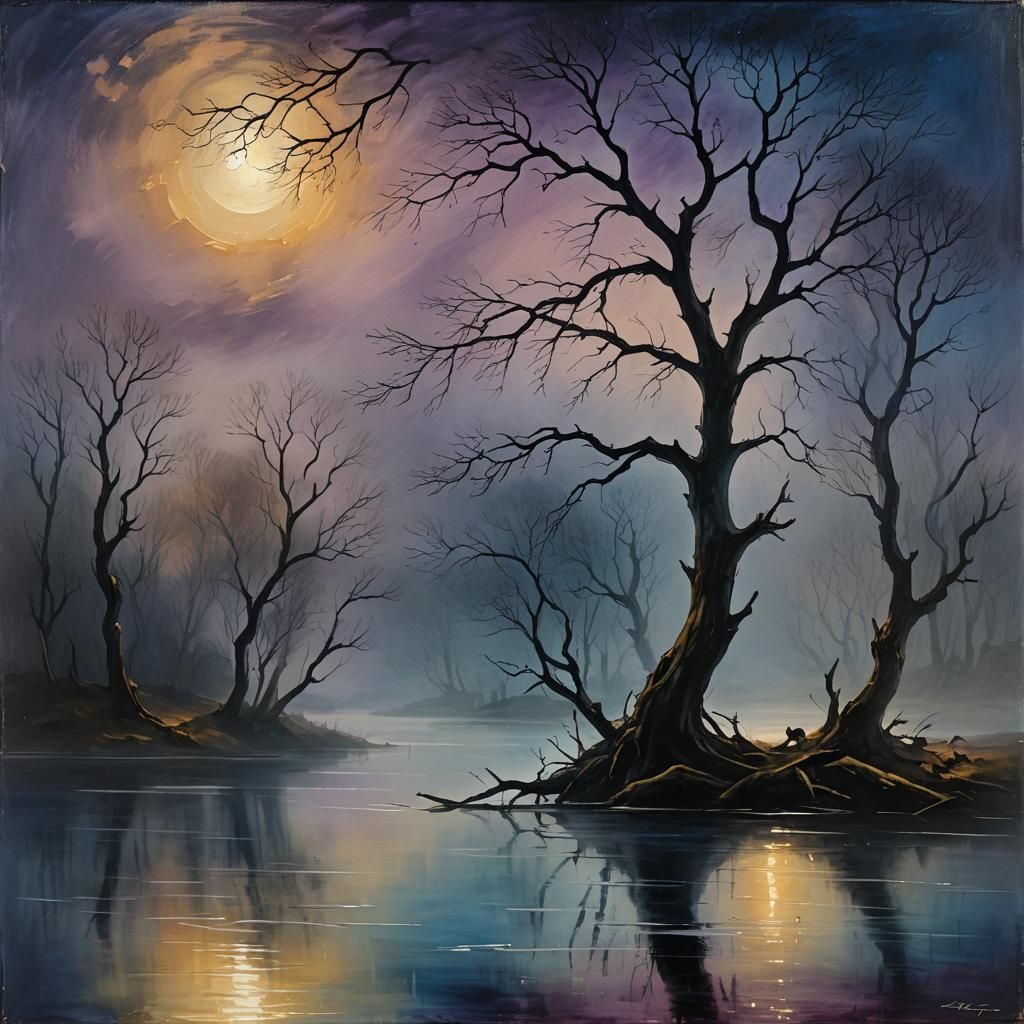 Mystical Moonlit Lake Painting in Romantic Style