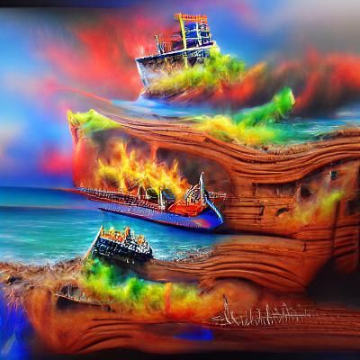 Burning Shipwreck: Surreal Acrylic Airbrush Art