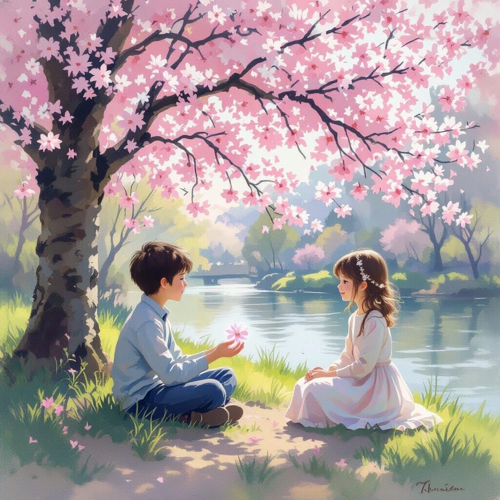 Impressionistic Oil Painting of Boy Receiving Magical Flower